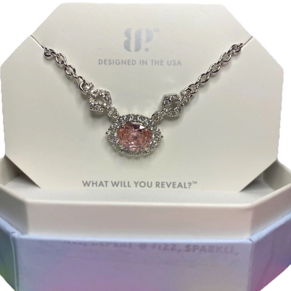 “Rightfully Yours” Rose Quartz CZ Rhodium Necklace NK86572 BP